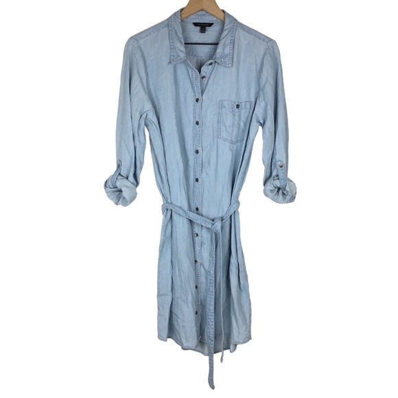 BANANA REPUBLIC Chambray Shirt Dress Light Wash Tie Waist Roll Tab Plus Size 14 - Picture 14 of 14
